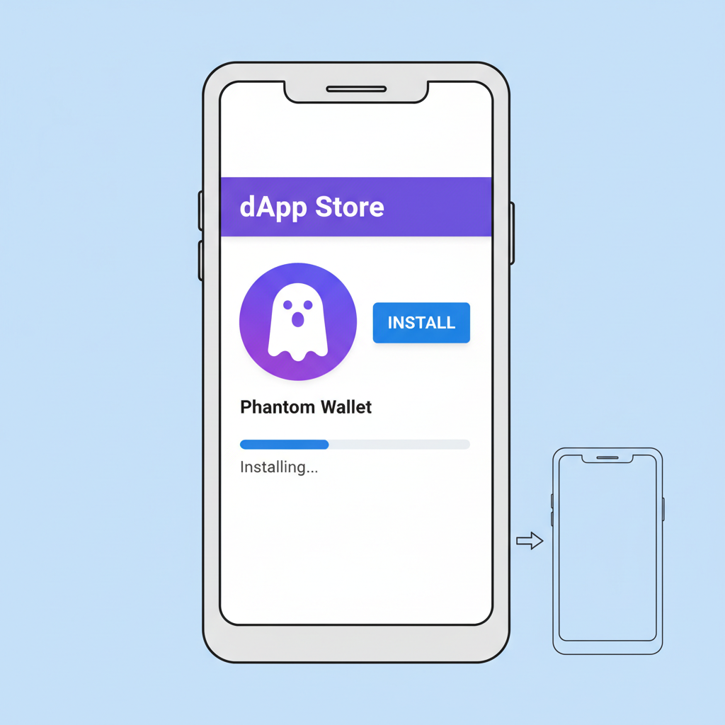 Solana Saga phone screen installing Phantom wallet from dApp Store