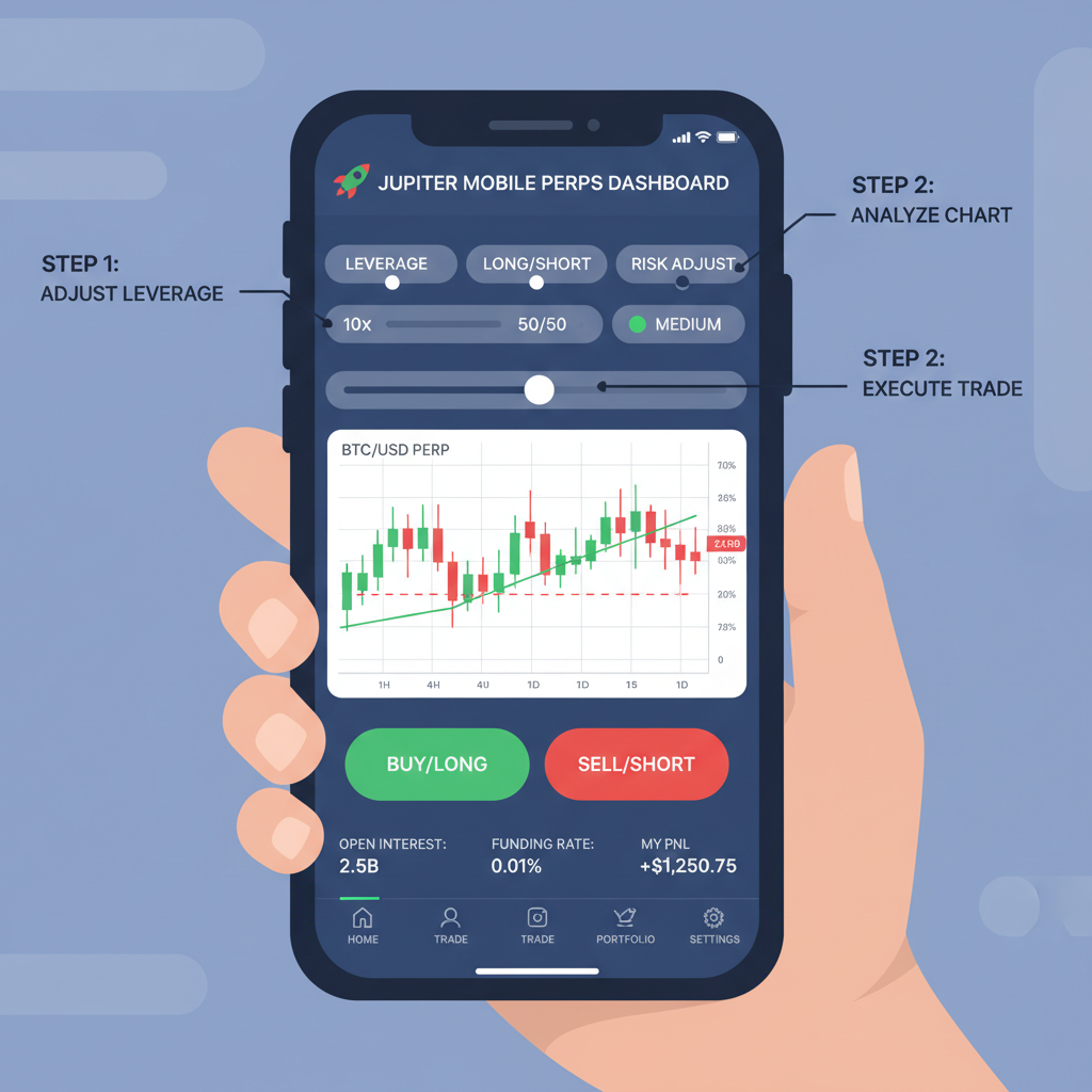 Jupiter Mobile perps dashboard on phone, leverage sliders, candlestick charts