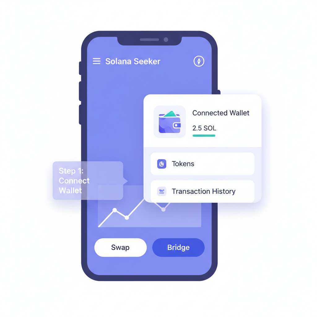 Jupiter Mobile app launched on Solana Seeker, wallet drawer open, sleek DeFi interface