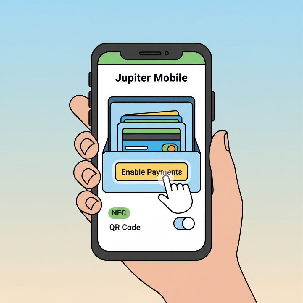 Jupiter Mobile app on phone, wallet drawer open with switch button highlighted