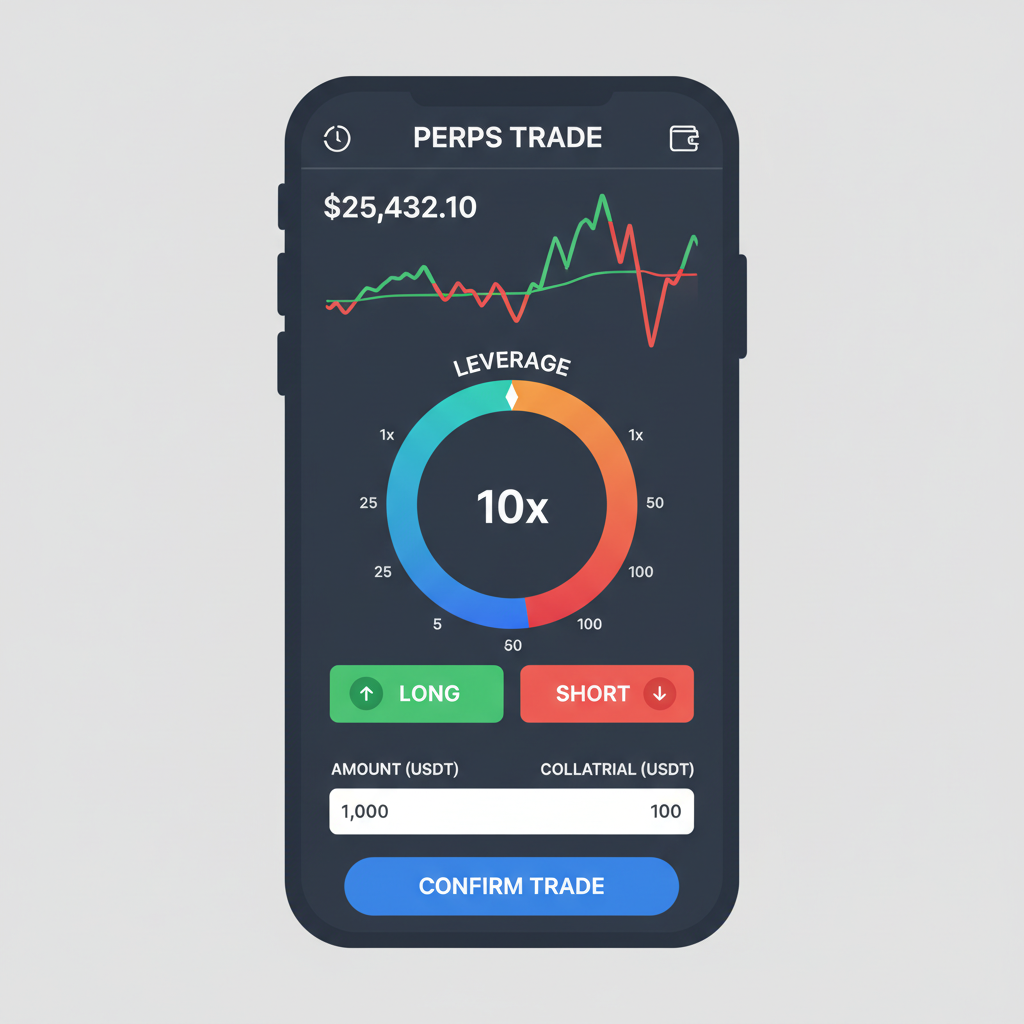 Placing perps trade UI, leverage dial at 10x, long/short buttons, mobile view
