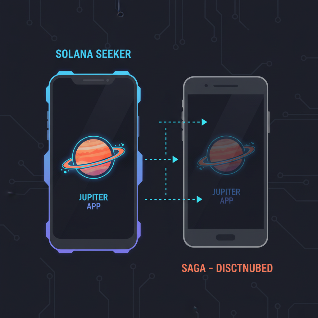 Solana Seeker phone next to discontinued Saga, glowing Jupiter app icon, cyberpunk style