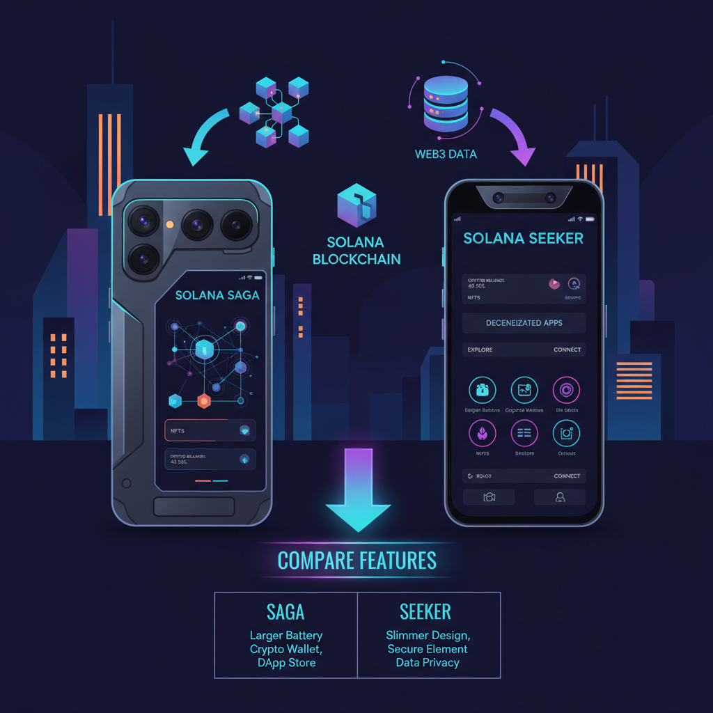 Solana Saga and Seeker phones compared, glowing Web3 interfaces, cyberpunk style