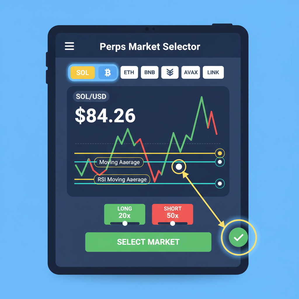 Perps market selector screen, SOL chart with $84.26 price, indicators highlighted