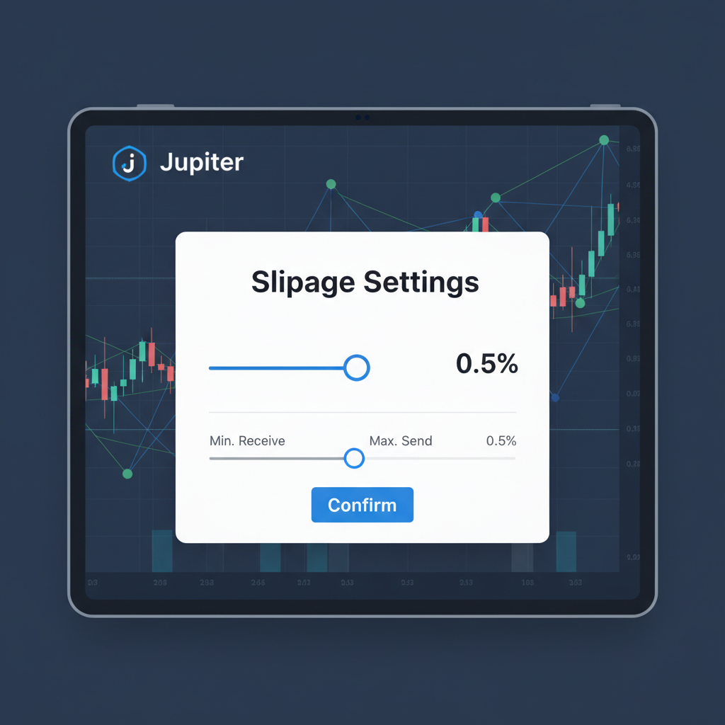 Slippage settings popup on Jupiter app, sliders at 0.5%, technical charts background