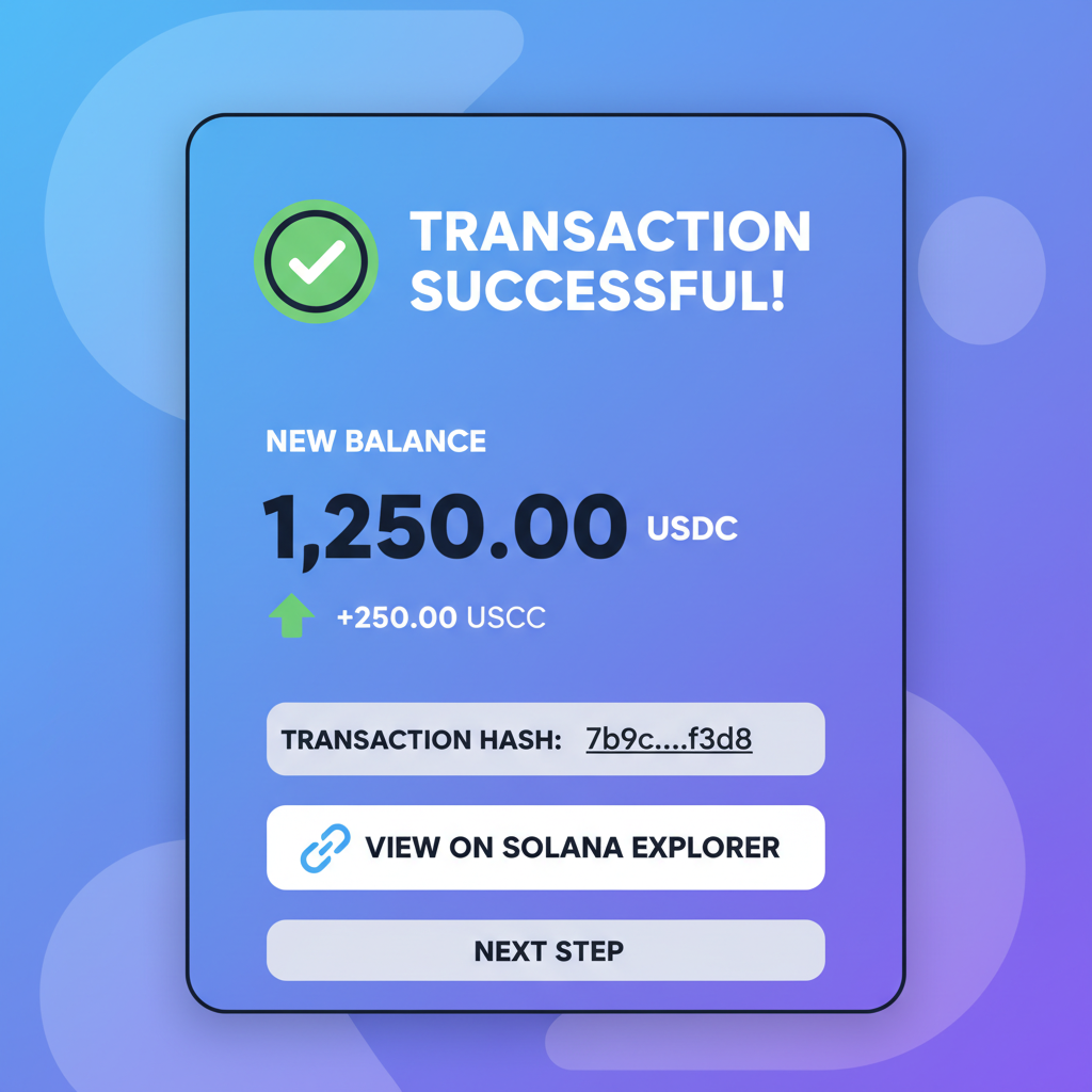 Success screen with USDC balance increase, transaction hash, Solana blockchain explorer link