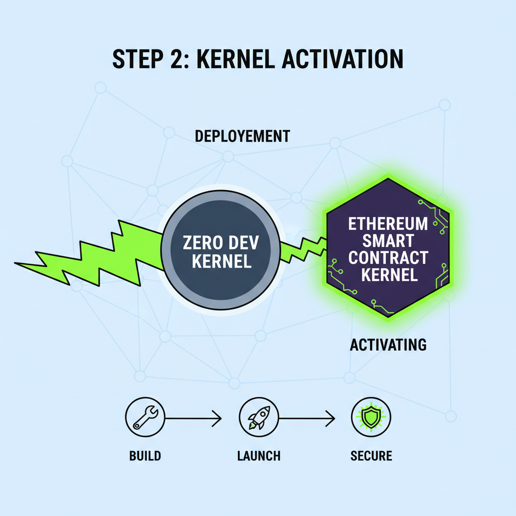 zero dev kernel deployment visualization ethereum smart contract kernel activating neon green