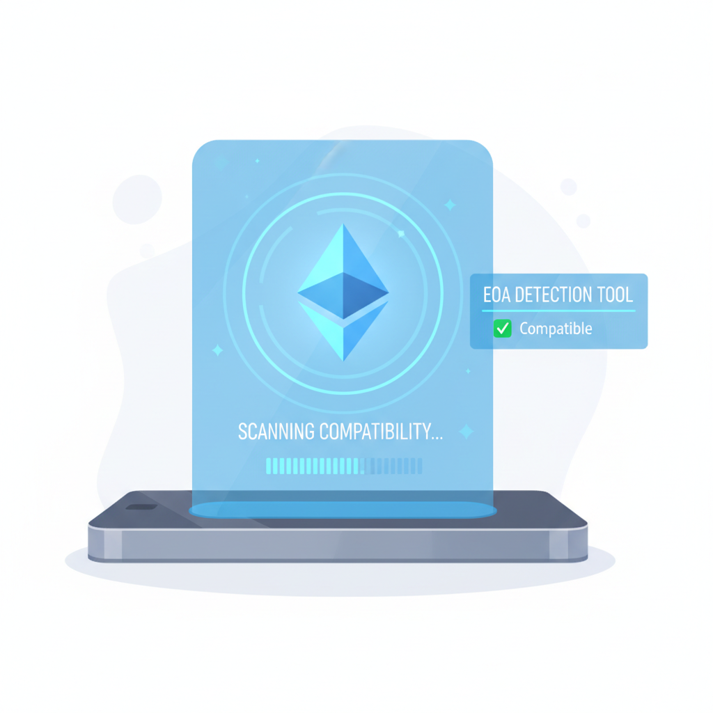 futuristic ethereum wallet scanning compatibility interface glowing blue holographic EOA detection tool