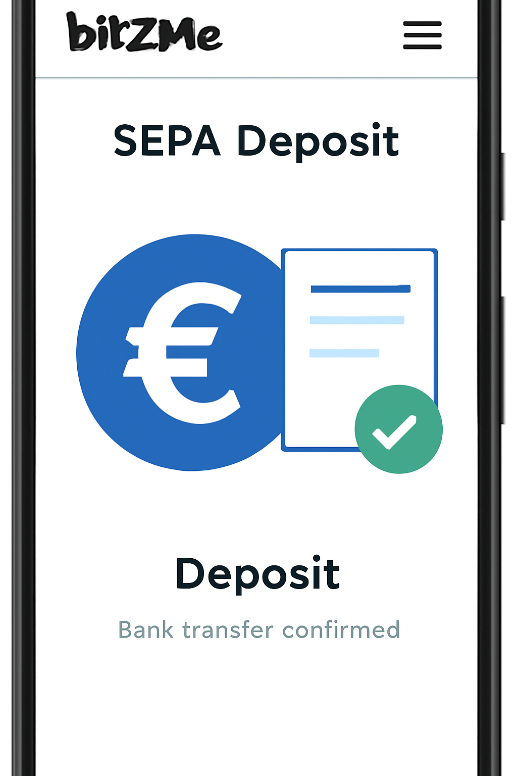 Bit2Me app SEPA deposit screen, euro symbol prominent, bank transfer confirmation, mobile interface sleek design