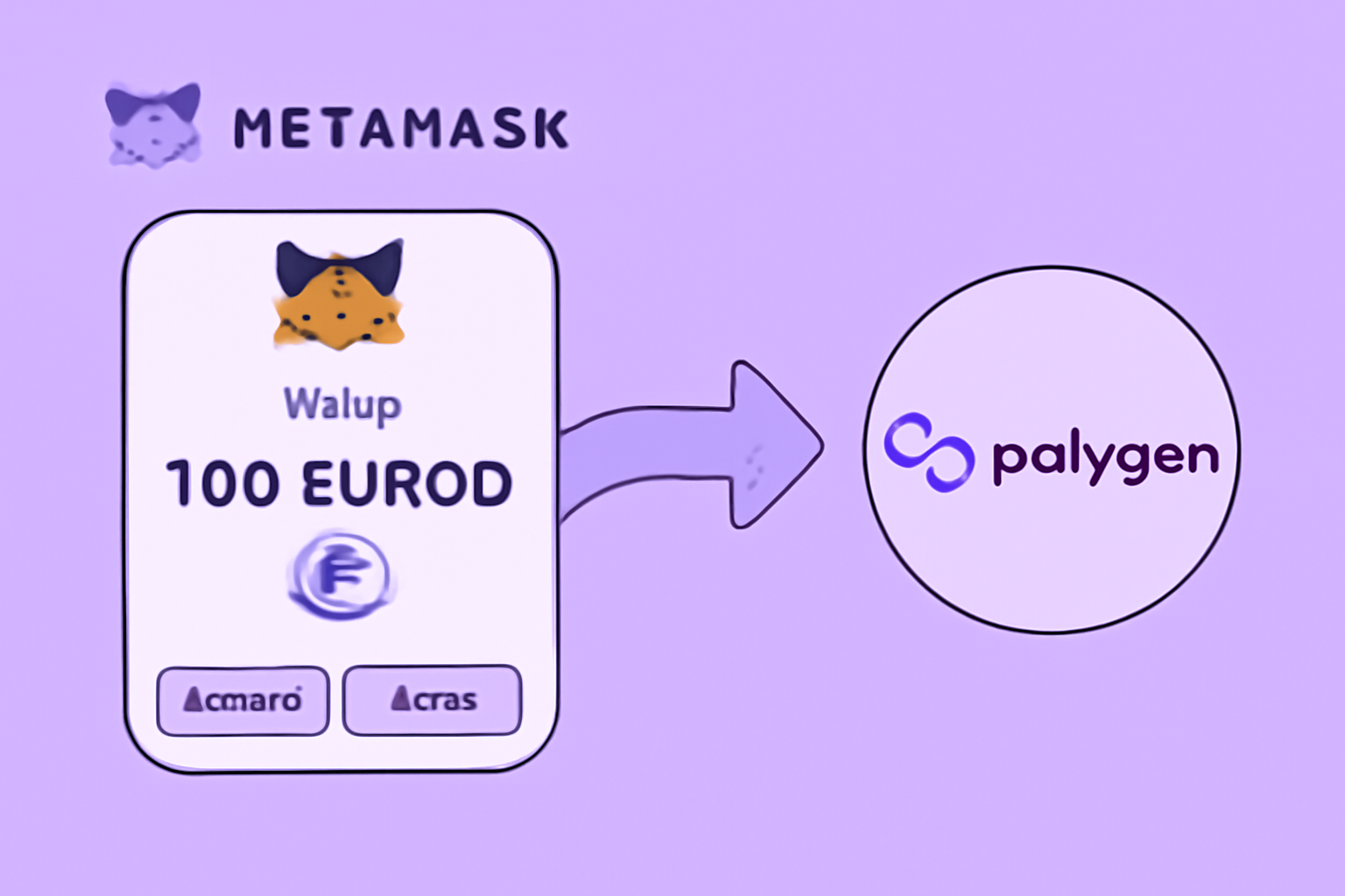 MetaMask wallet bridging EUROD to Polygon network, asset transfer animation, purple Polygon branding, secure wallet UI