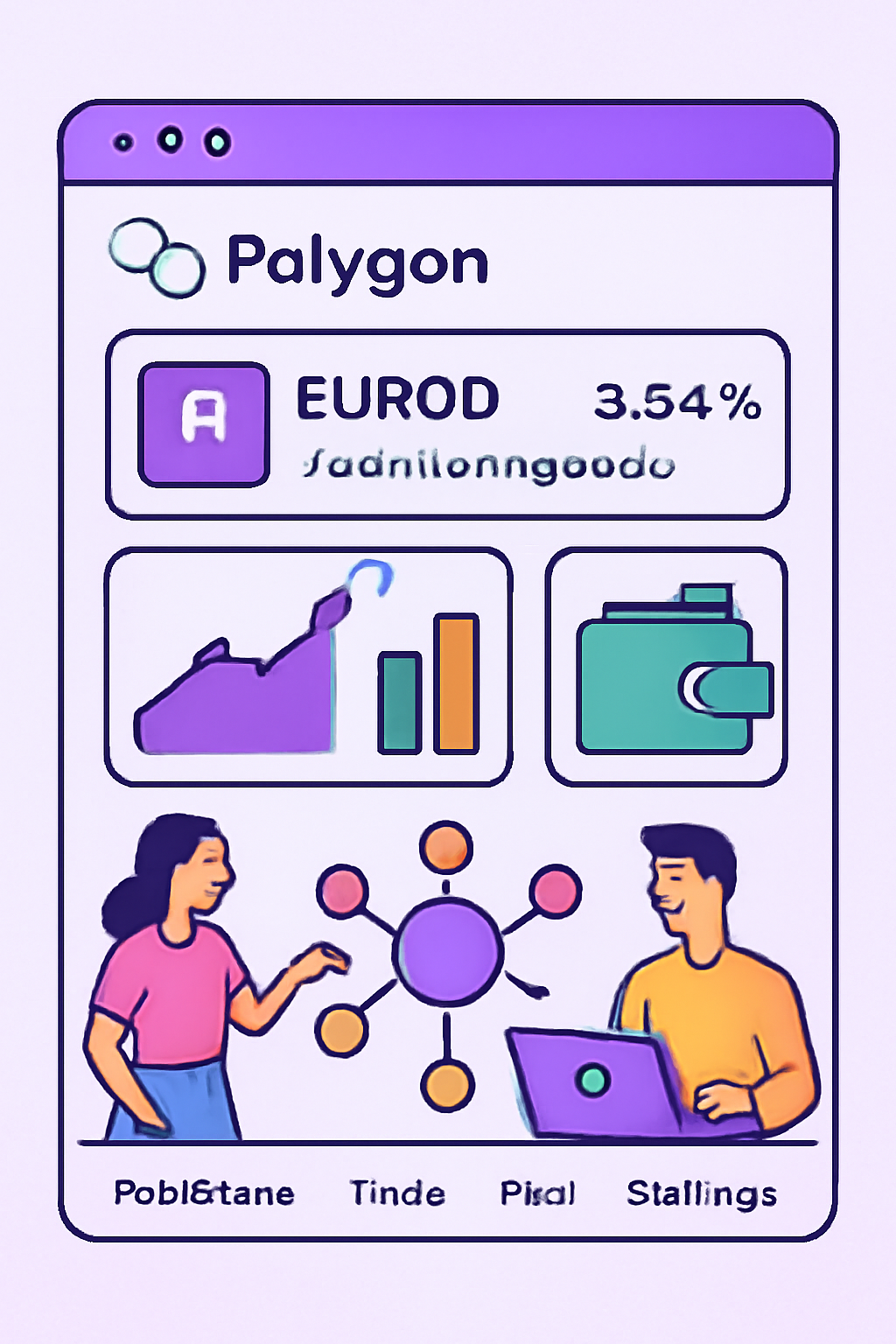 Polygon DeFi dashboard with EUROD in Aave lending pool, yield charts, wallet integration, vibrant decentralized finance scene