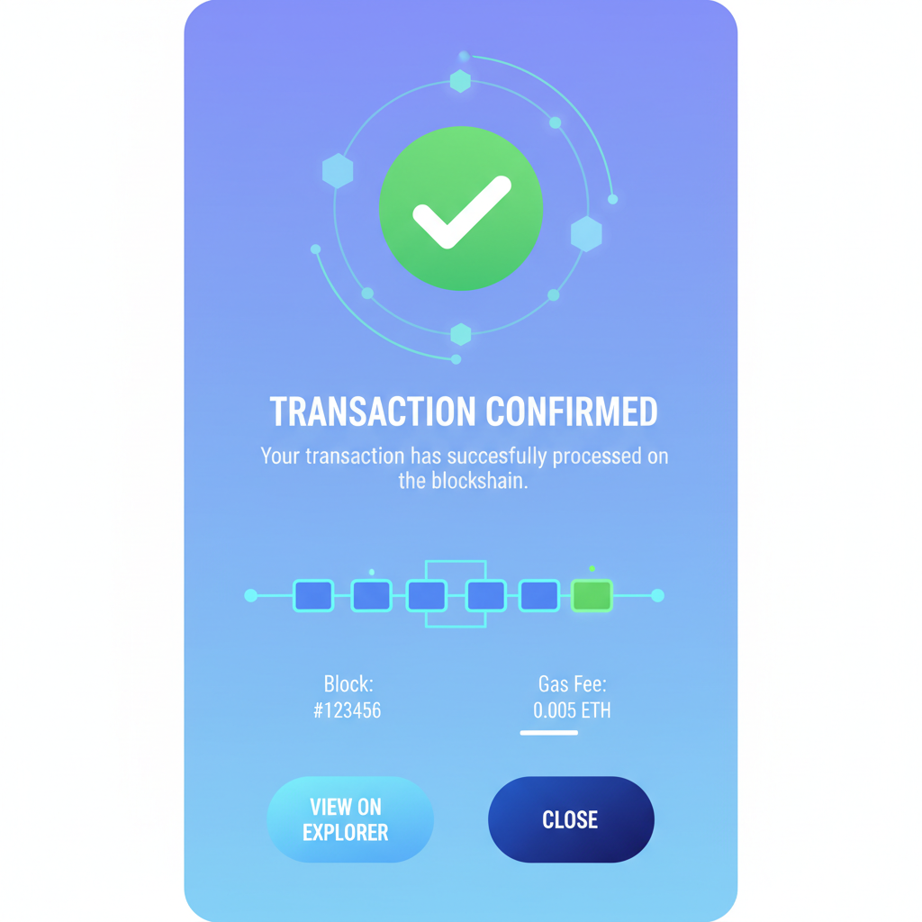 transaction confirmation screen in DeFi app, green checkmark, blockchain confirmation animation