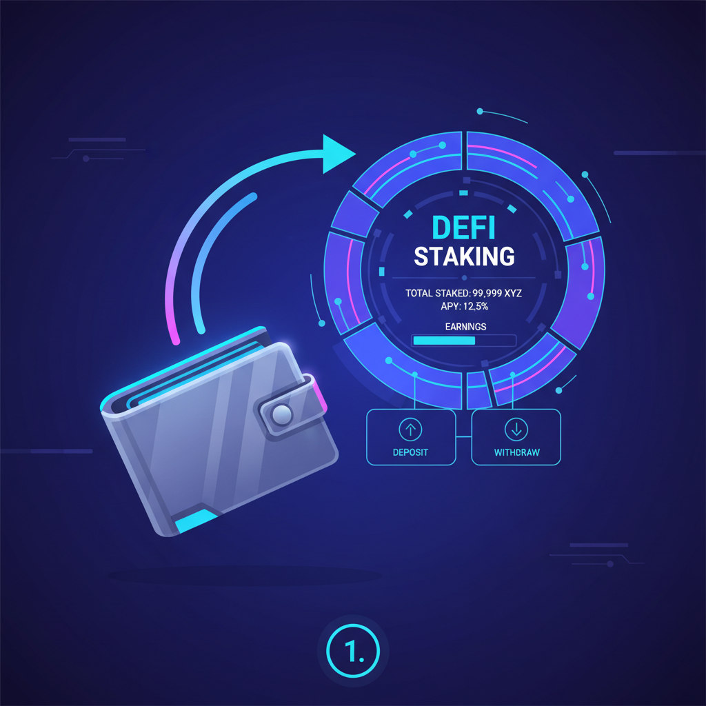 futuristic wallet connecting to DeFi staking dashboard, neon blues and purples, crypto interface