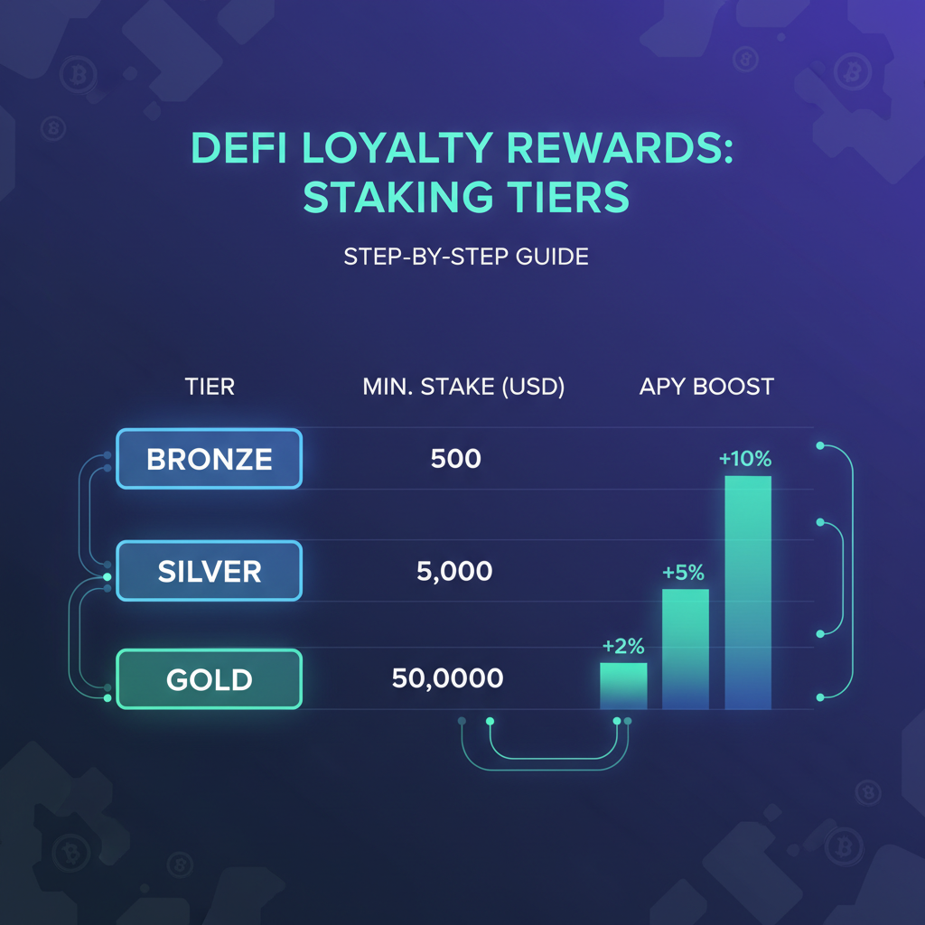 comparison chart of staking tiers and APY boosts, glowing graphs, DeFi loyalty rewards theme