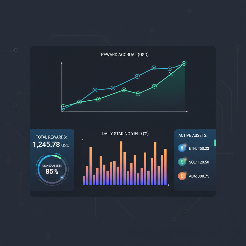 dashboard monitoring staking rewards over time, reward accrual graphs, futuristic analytics