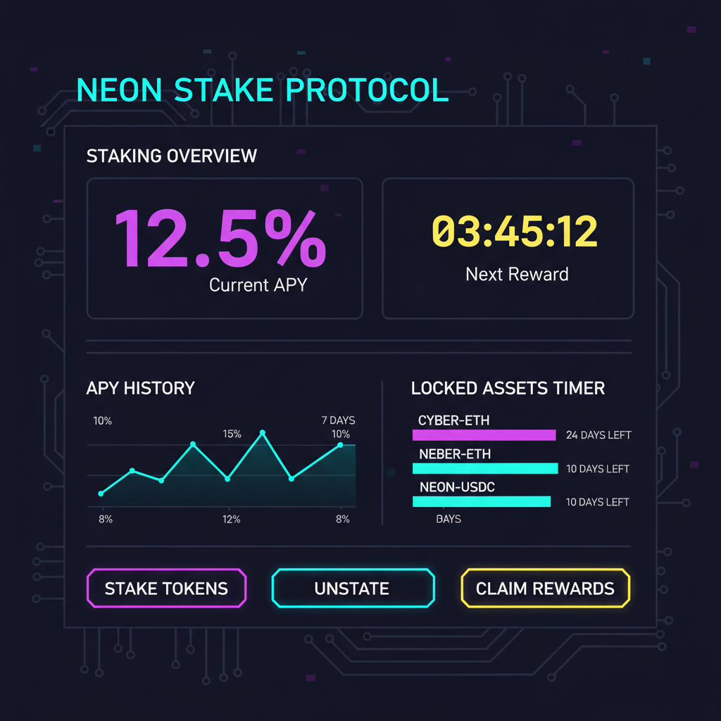 DeFi dashboard displaying staking details, charts of APY and timers, dark mode cyberpunk style