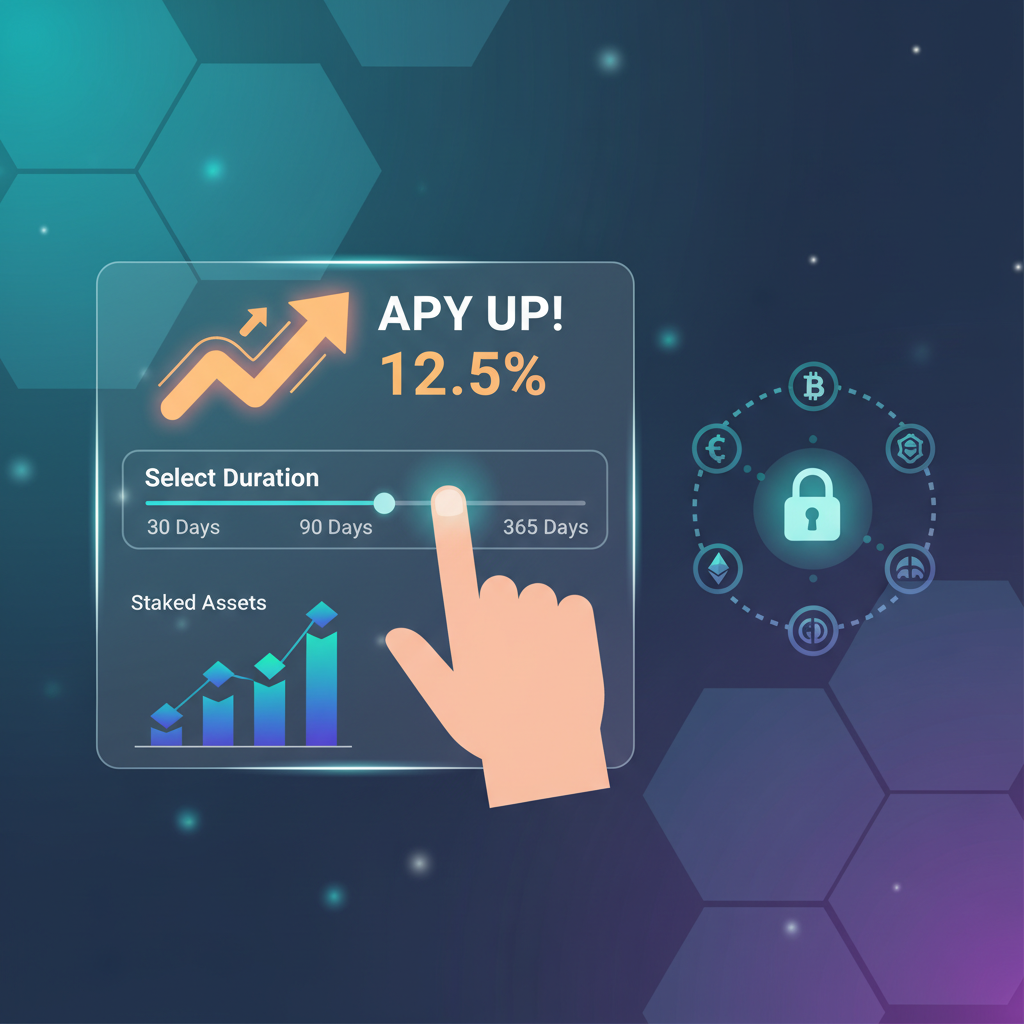 user selecting longer staking duration on sleek interface, rising APY arrows, vibrant crypto visuals