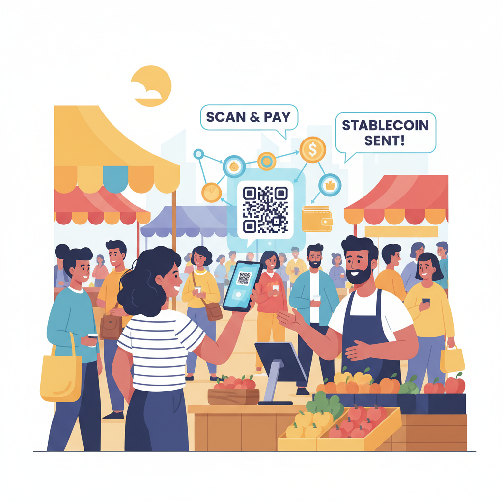 customer scanning merchant QR code with phone at market stall, stablecoin transfer animation, diverse crowd, dynamic action shot, vibrant colors