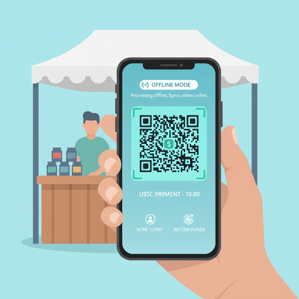 generating QR code for stablecoin payment on smartphone, offline mode indicator, pop-up stall background, high-tech glow, realistic rendering