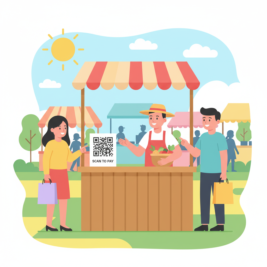 printed QR code on stand at vibrant pop-up market stall, merchant smiling, customers nearby, sunny outdoor event, photorealistic