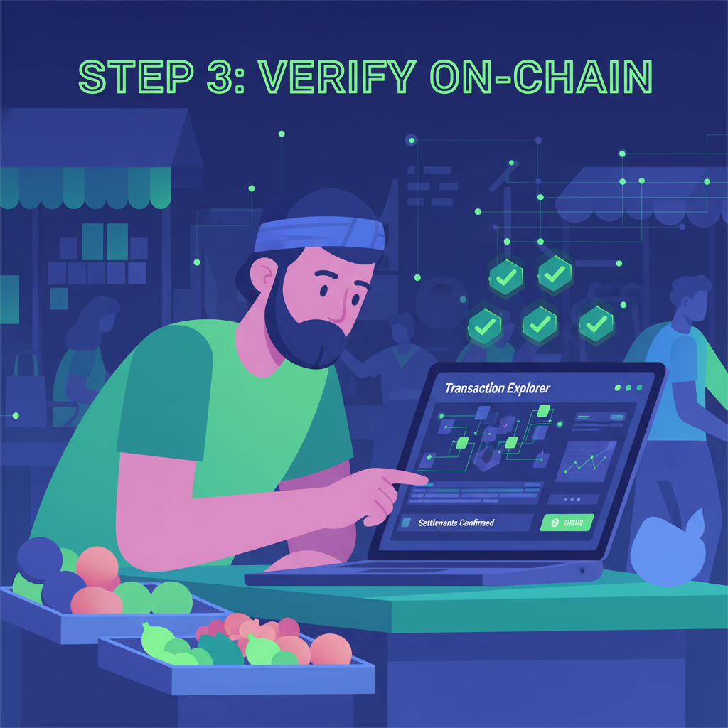 merchant checking transaction explorer on laptop at stall, green checkmarks settlements, blockchain graphs, professional dashboard, neon accents