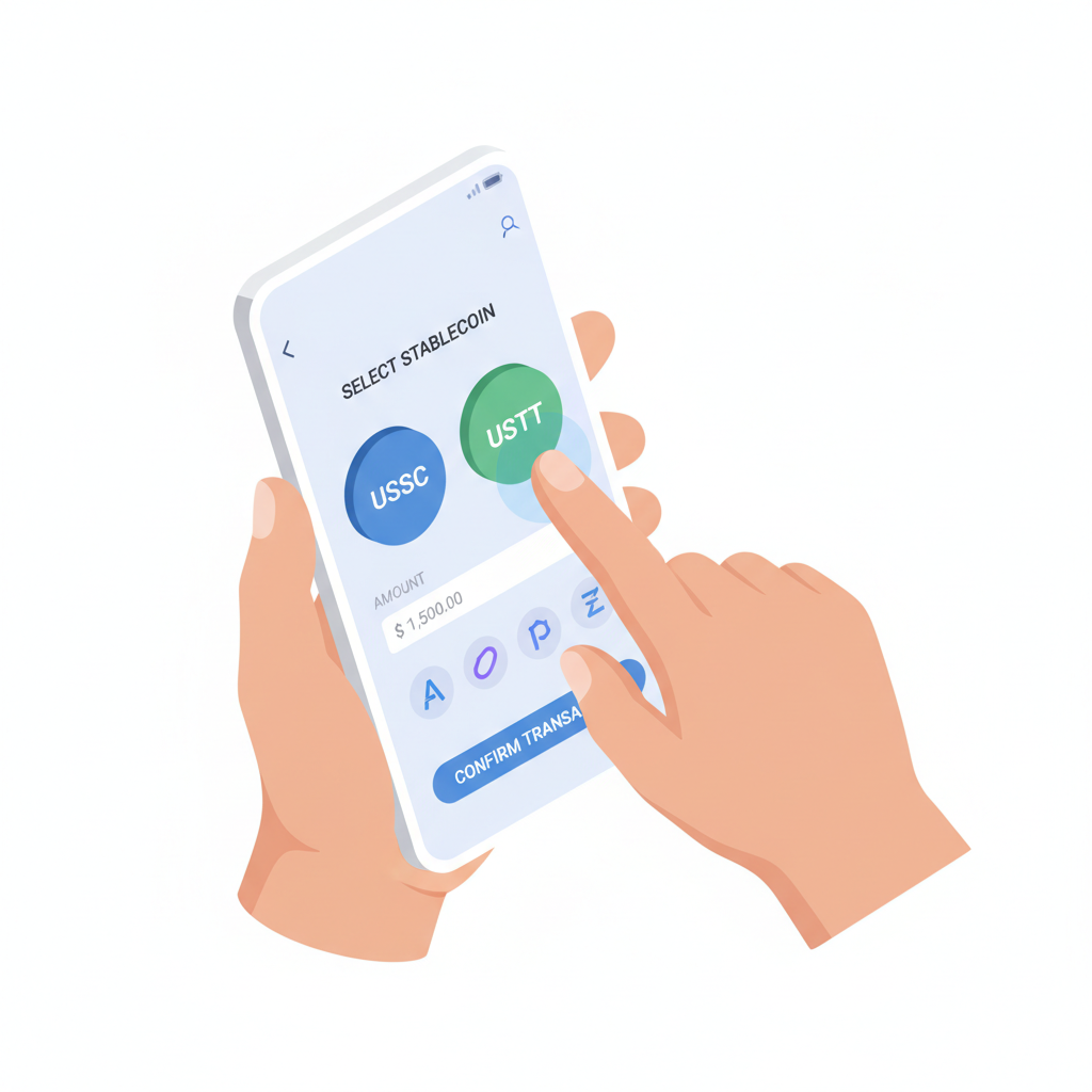 merchant selecting USDC USDT stablecoins on app interface, amount input field, Layer 2 network icons, clean modern design, isometric view