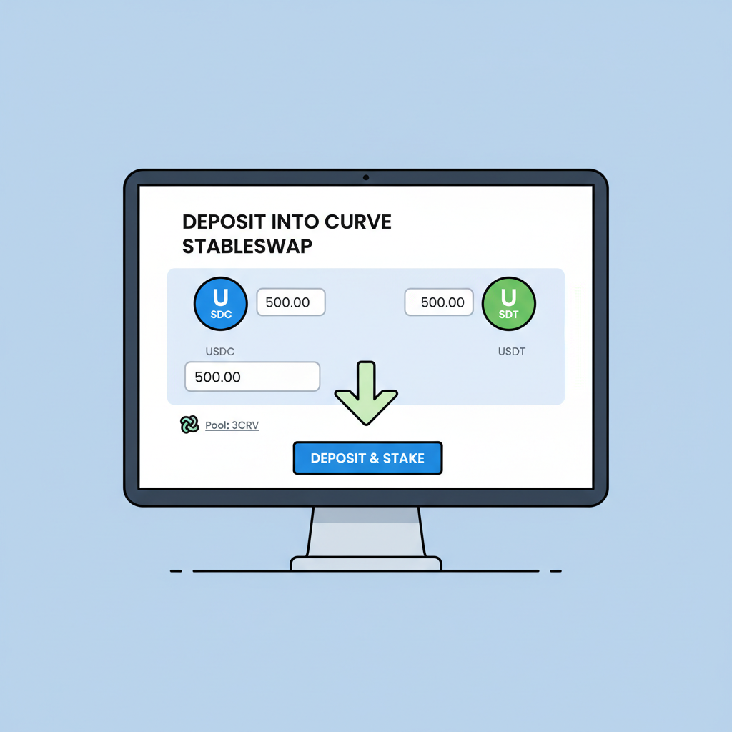 Wallet interface depositing equal USDC and USDT into Curve Stableswap pool