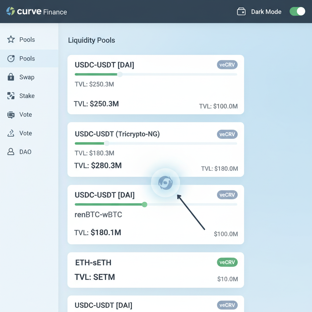Curve Finance dashboard highlighting USDC-USDT pools with veCRV gauges and TVL metrics over 100M