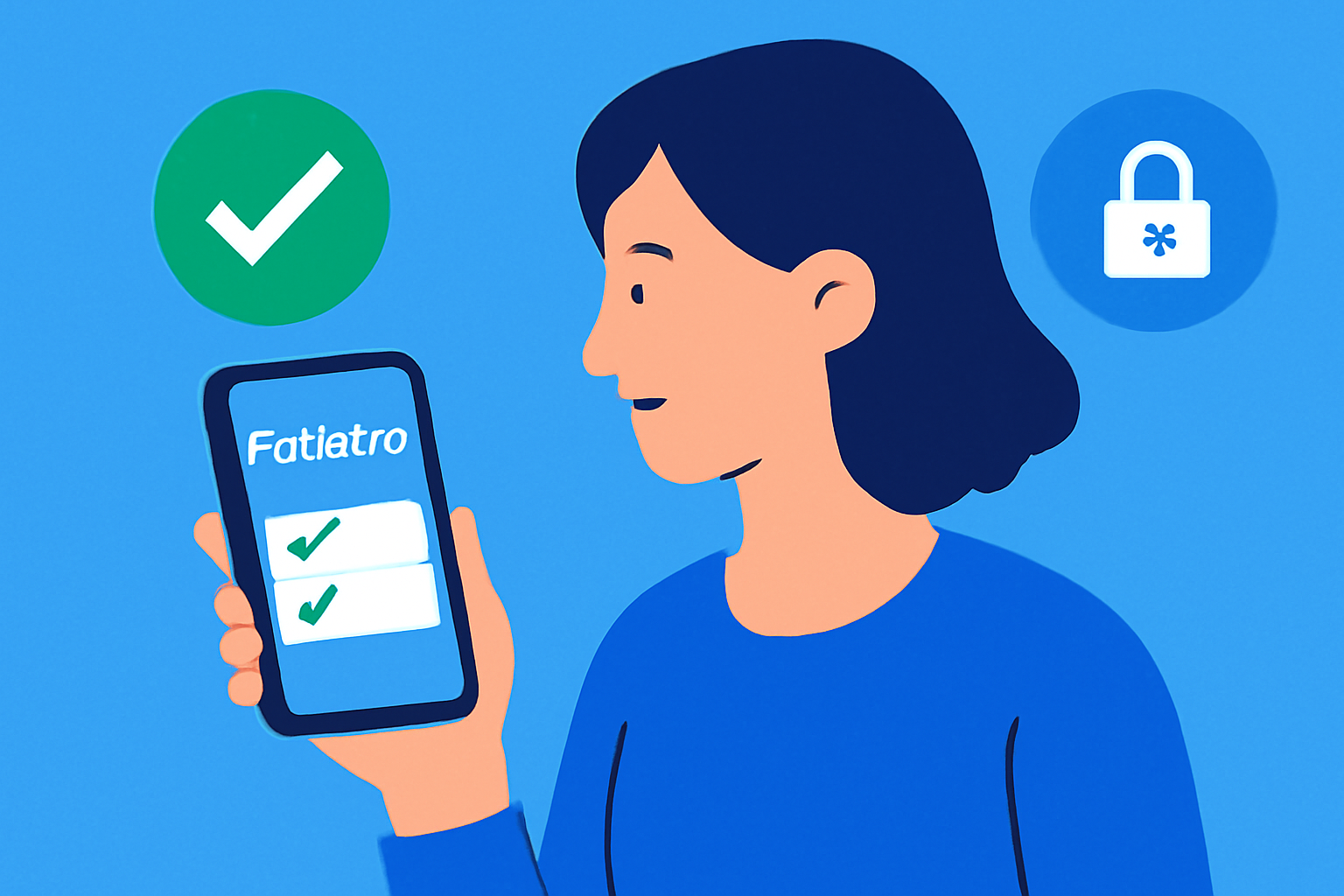 beginner opening Fidelity brokerage app on phone, green checkmarks, secure lock icons, vibrant blue tones