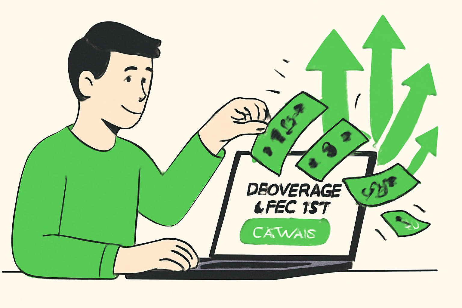 user depositing money into brokerage account on laptop, dollar bills flowing in, green upward arrows, motivational energy
