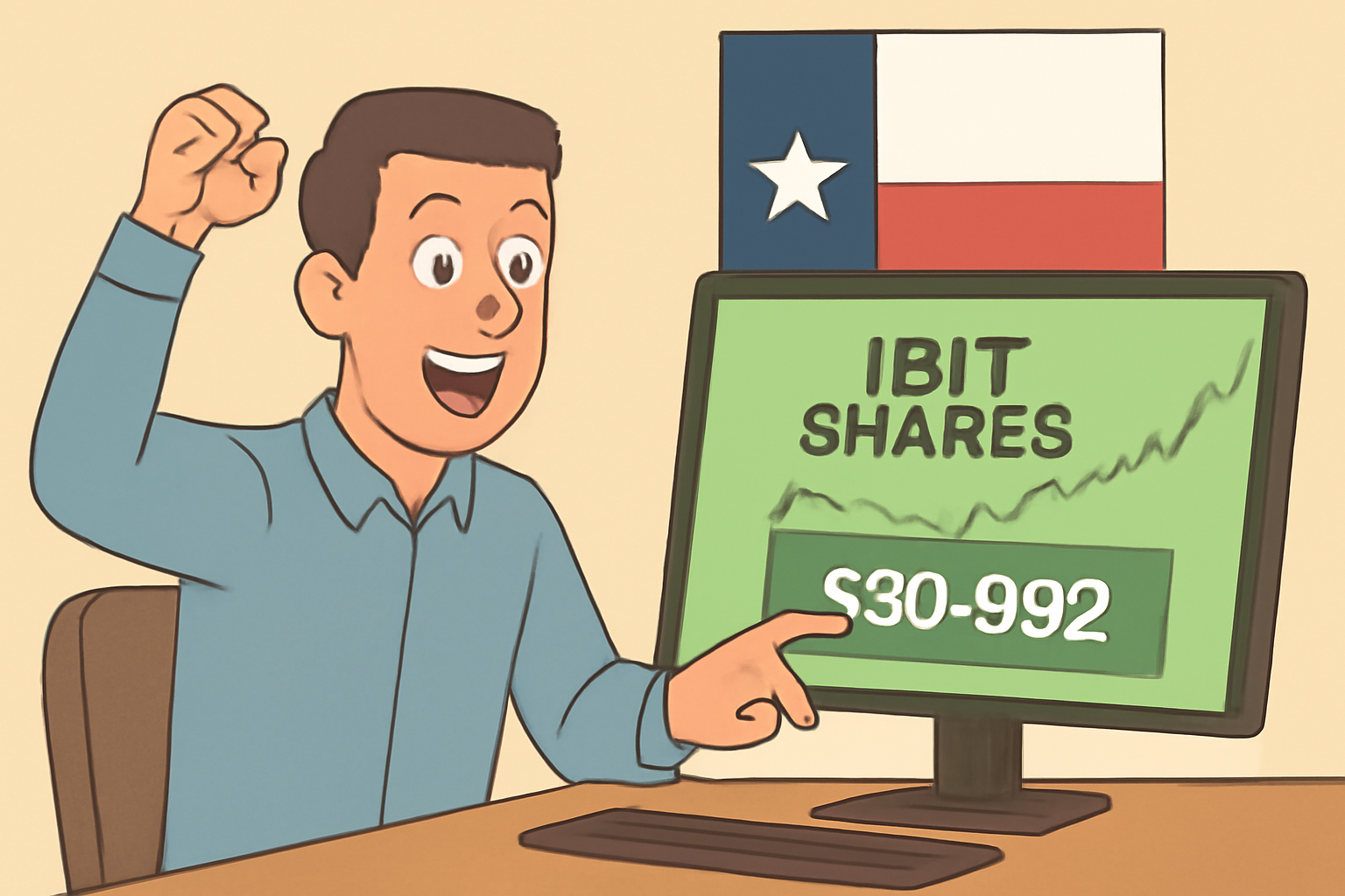 excited trader clicking buy button for IBIT shares, BTC price $90,892 chart, Texas flag subtle, green success screen