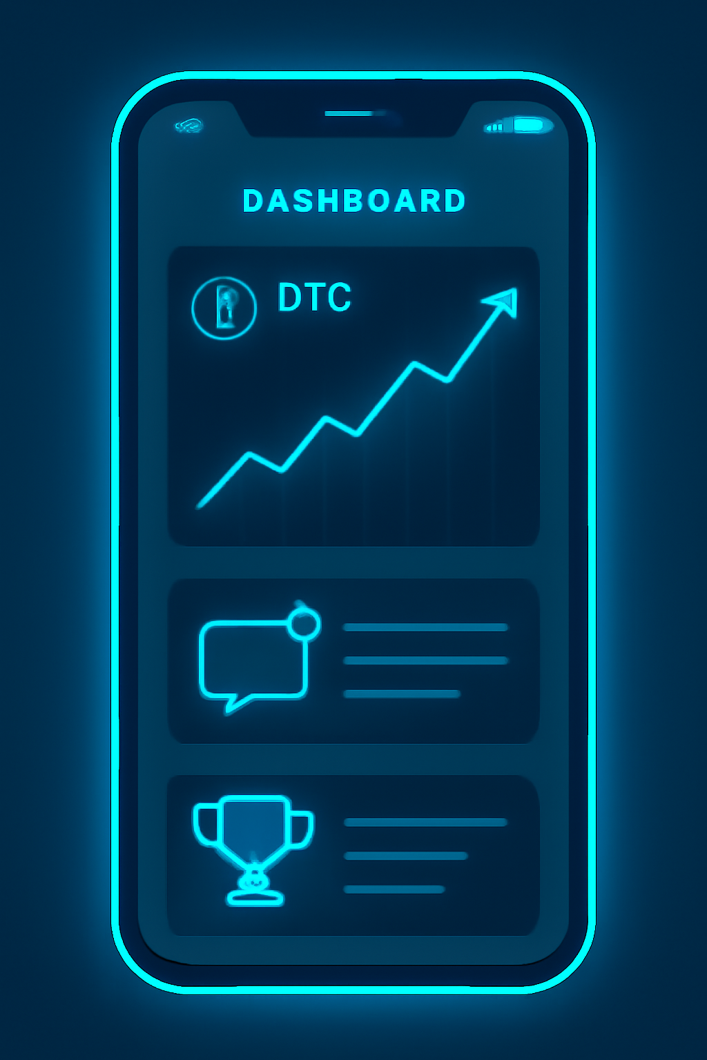 phone app dashboard tracking IBIT and BTC chart upward, notifications, trophy icon, futuristic glow