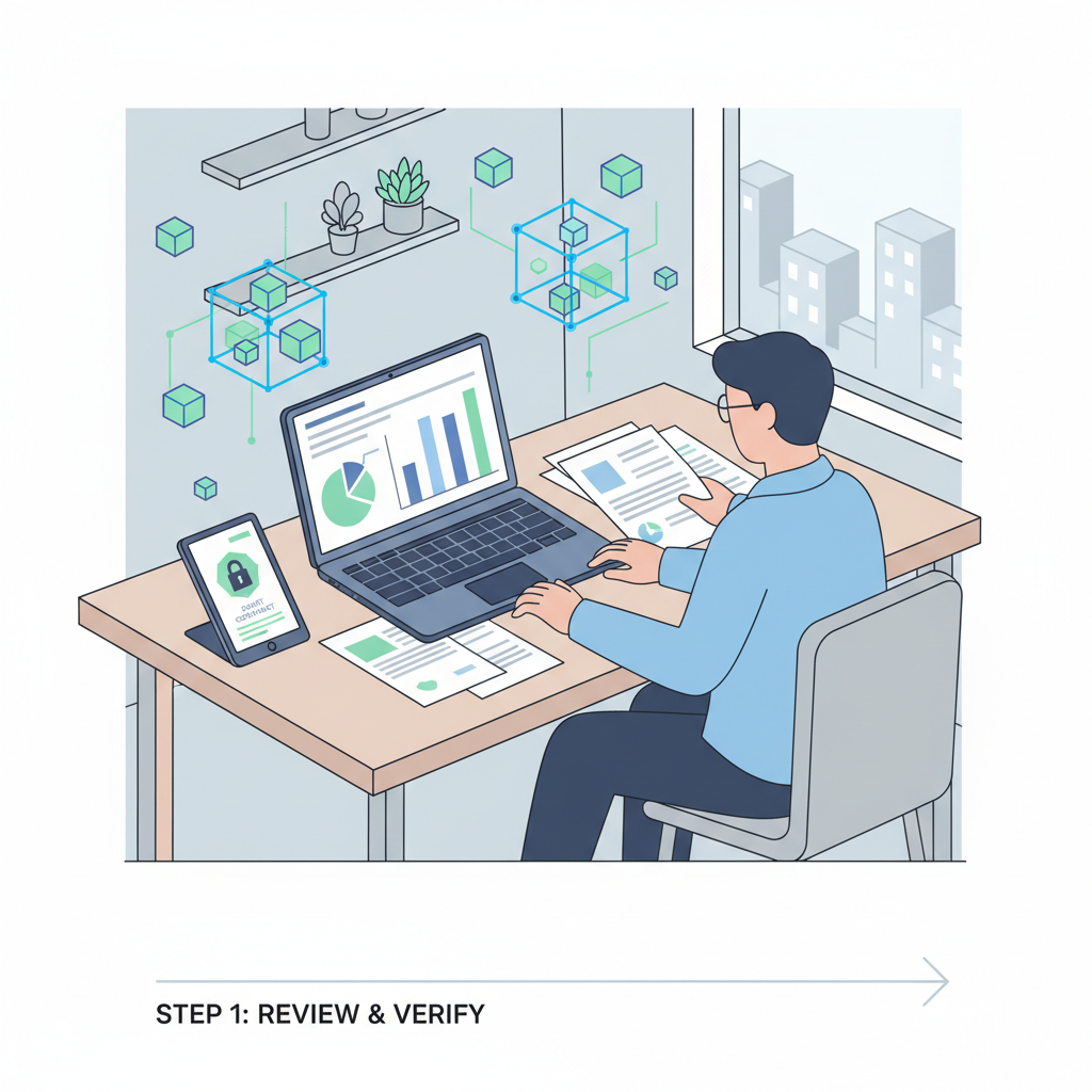professional reviewing real estate documents and financial charts on desk with blockchain icons glowing