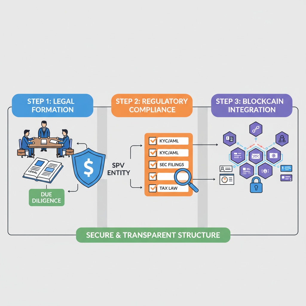 lawyers forming SPV structure diagram with regulatory compliance checklists and blockchain network