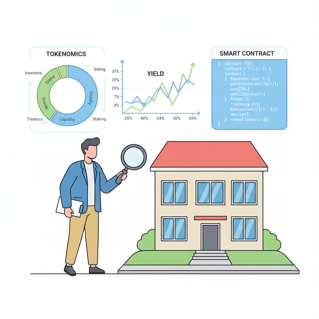 appraiser inspecting rental property with tokenomics charts, yield graphs, and smart contract code overlay