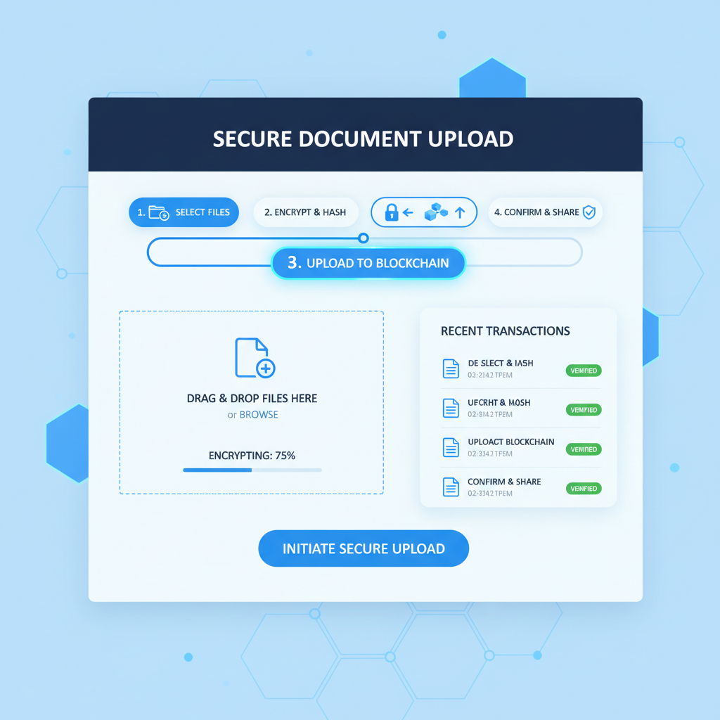 secure document upload interface on blockchain platform dashboard, professional UI, blue tones, icons of files and locks