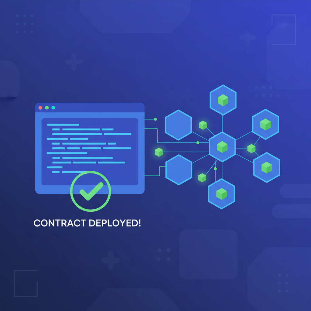 deploying smart contract code on blockchain, code editor with green success check, futuristic blockchain nodes connecting