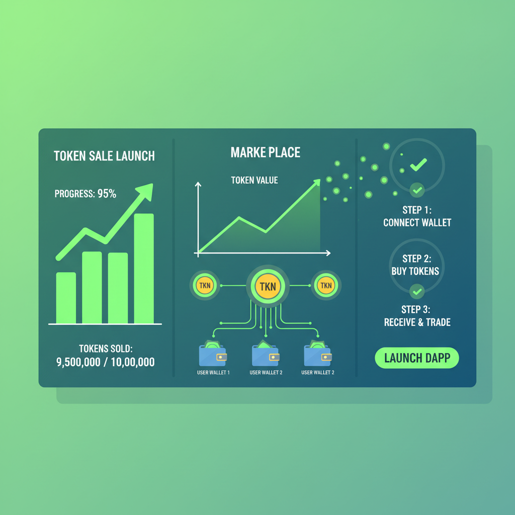 token sale launch dashboard, marketplace interface with rising graph, tokens flying into wallets, vibrant green