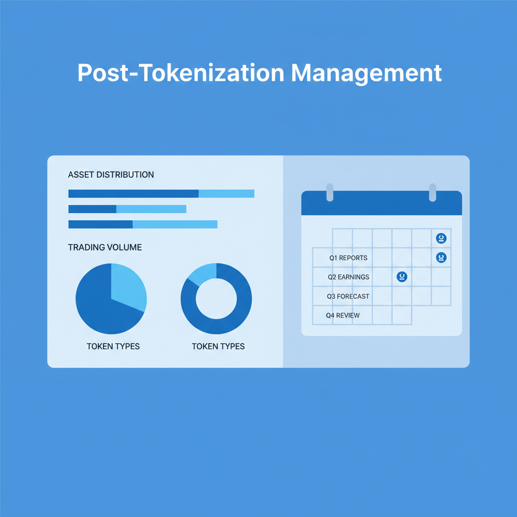 post-tokenization management dashboard, charts of distributions and trading volume, calendar for quarterly reports, professional blue