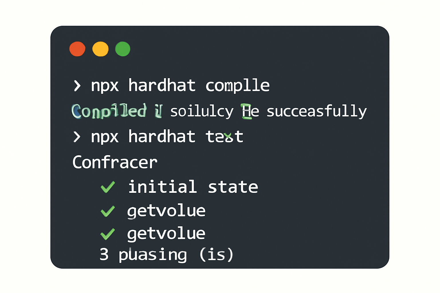 terminal window showing contract compilation and test results, green check marks for passing tests