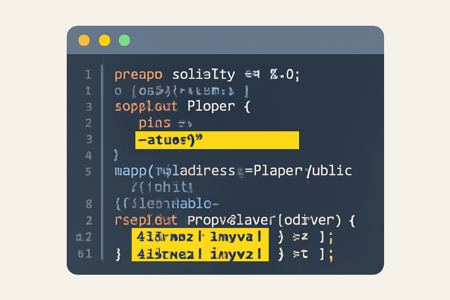 code editor with smart contract code, highlighted sections for game logic and data structures