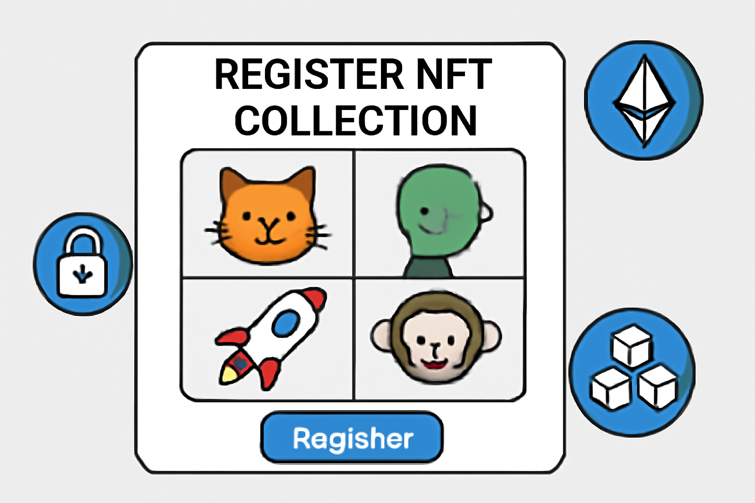 NFT collection registration screen, digital collectibles displayed, blockchain integration symbols