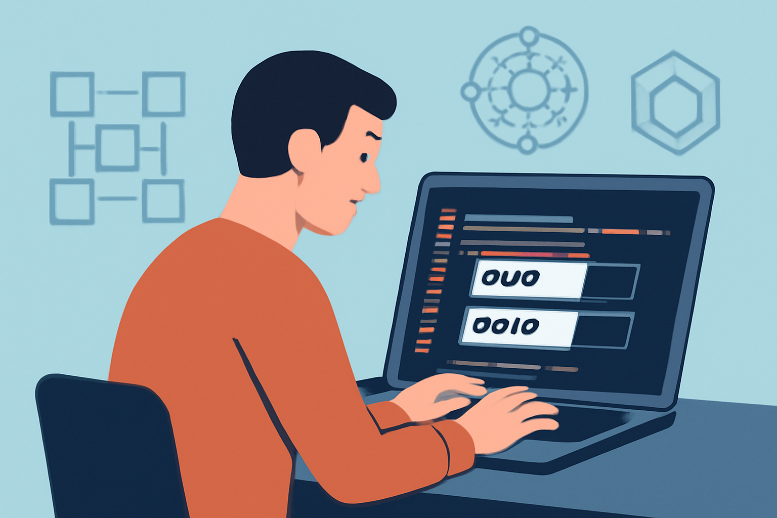 developer installing mud and dojo frameworks on a modern laptop, code editor open, blockchain icons in the background