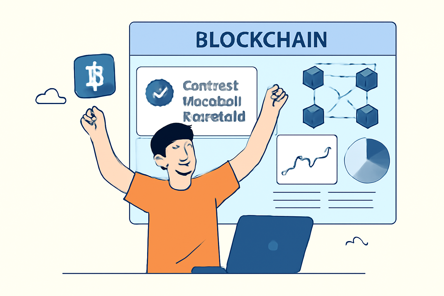developer celebrating successful contract deployment, blockchain dashboard in the background