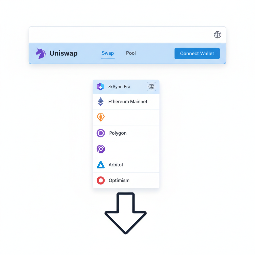 Uniswap web app header with network dropdown open to zkSync Era