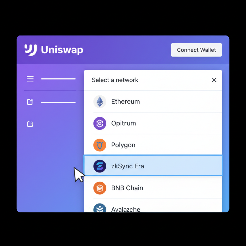 Uniswap app interface with network dropdown open to zkSync Era, connect wallet button