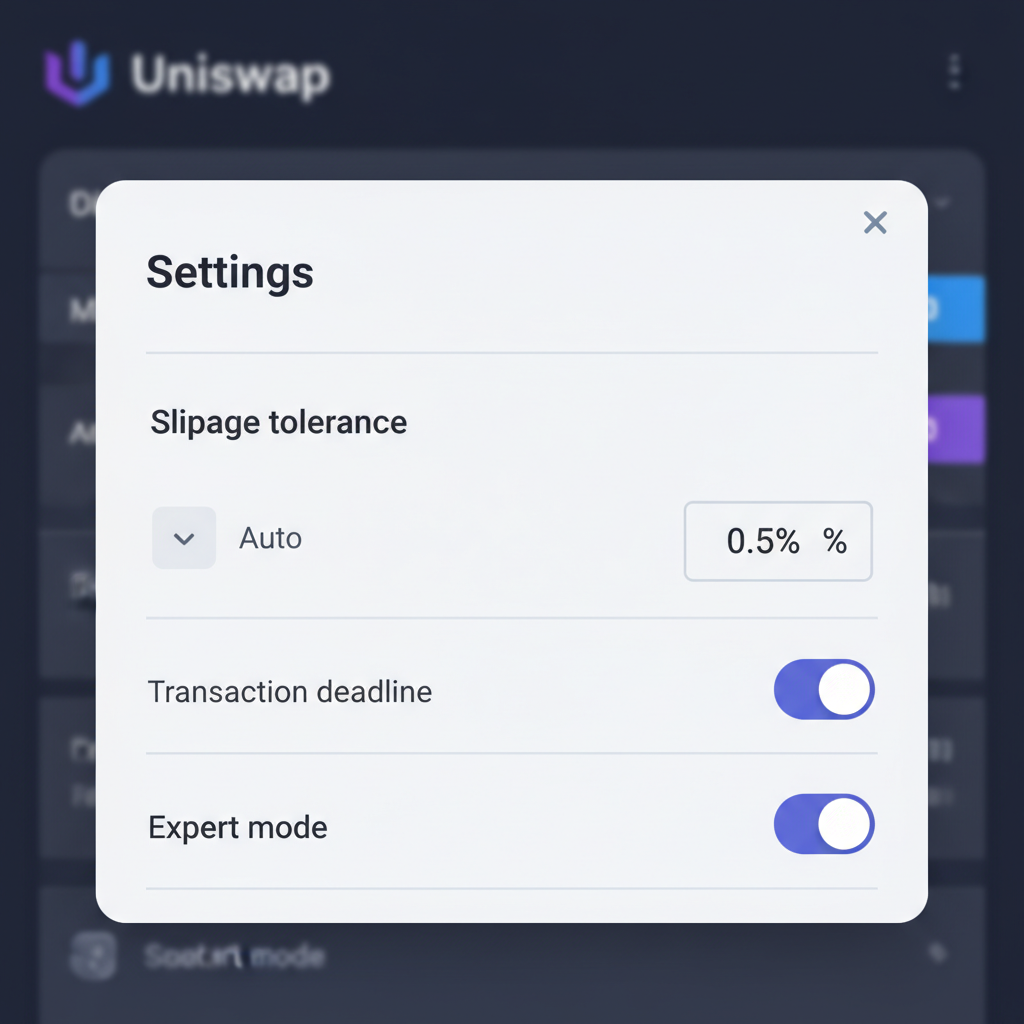 Uniswap settings panel open showing slippage tolerance at 0.5%
