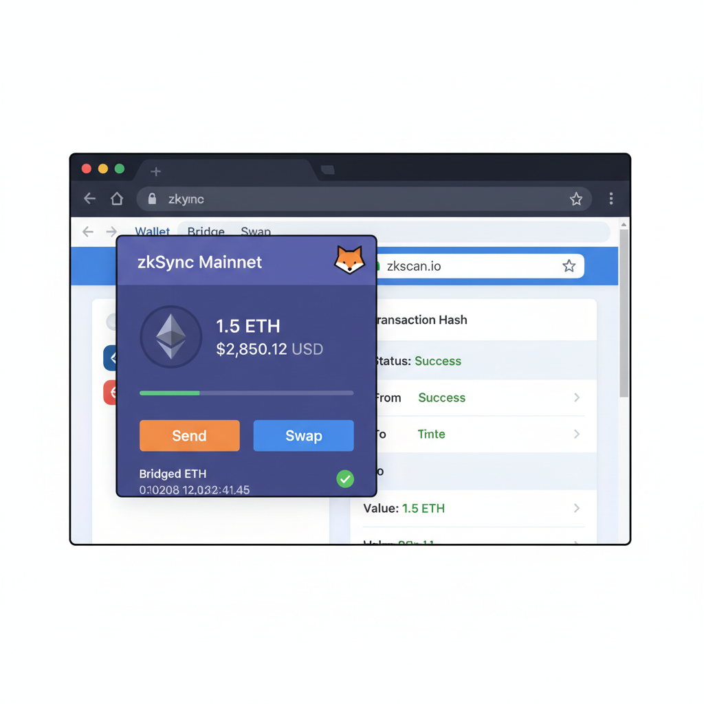 MetaMask on zkSync network showing ETH balance post-bridge, explorer tab open