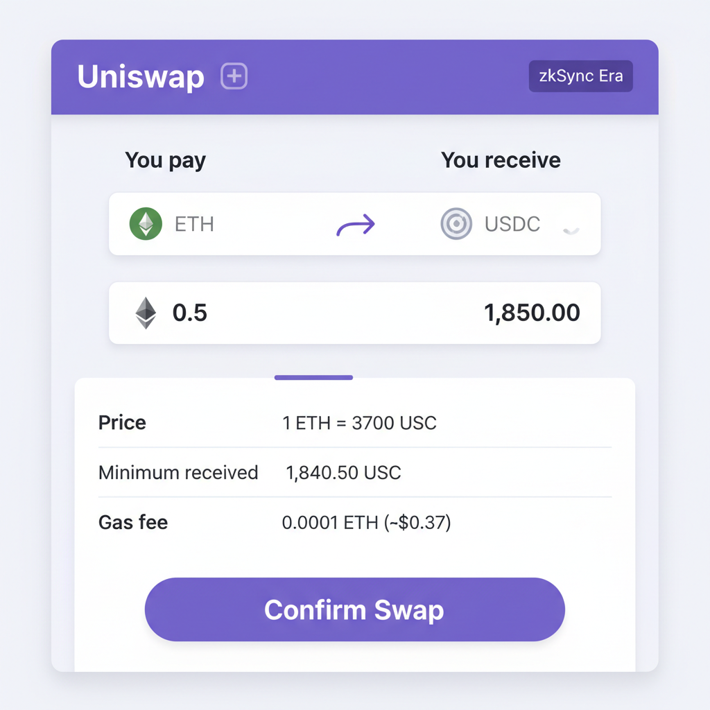 Uniswap swap screen on zkSync, ETH to USDC swap setup, confirm swap button