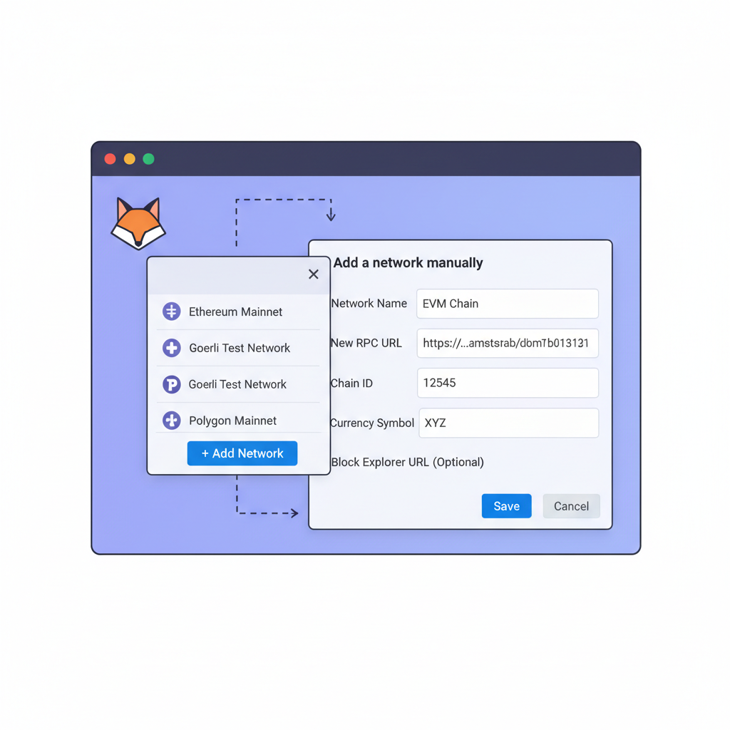 MetaMask wallet interface showing network dropdown open, adding custom network form partially filled